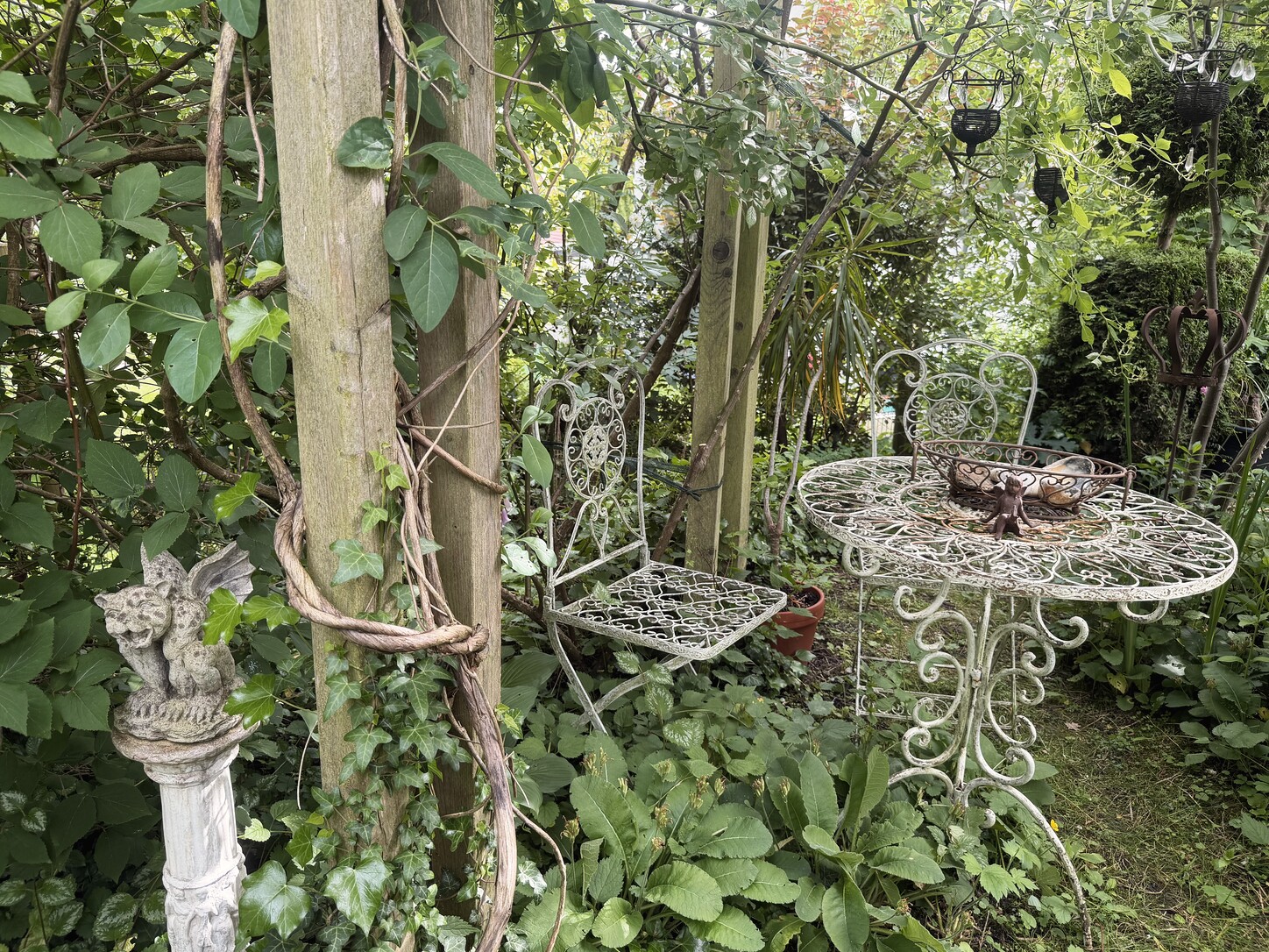 Gartenbank zwischen weißen Blüten